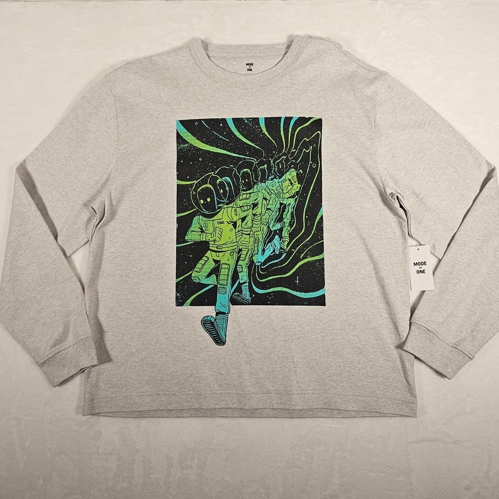 Mode Of One Men Graphic Long Sleeve T-Shirt Astronaut Space Print‎ Grey XL